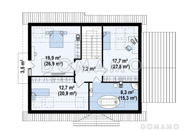Проект классического мансардного дома из газобетона с дополнительной спальней на первом этаже, с эркером и гаражом / План мансардного этажа