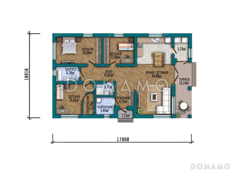 Проект современного загородного дома с комфортной террасой и тремя спальнями / План 1 этажа
