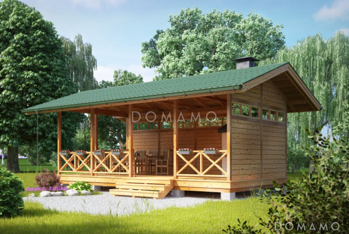 Проект деревяной, каркасной беседки с зеленой крышей и барбекю