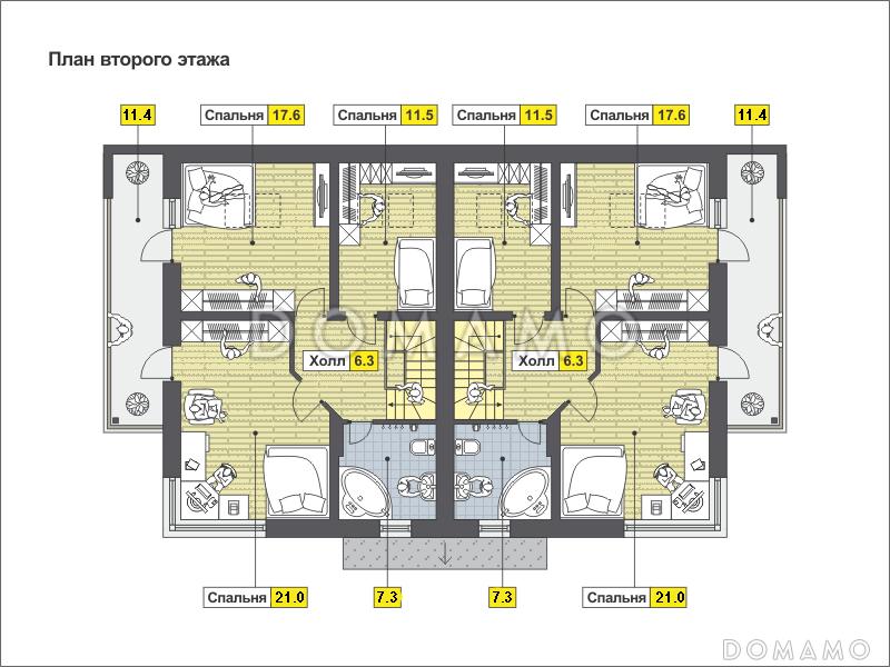 Проект дома на две семьи с большой кухней-столовой, гостиной с камином, террасой, длинным балконом / План мансардного этажа