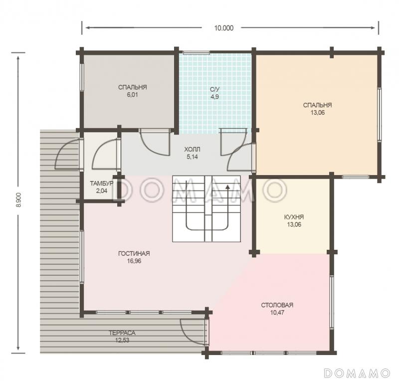 Проект дома из клееного бруса со вторым светом и двумя спальнями на мансардном этаже / План 1 этажа Проект дома из клееного бруса со вторым светом и двумя спальнями на мансардном этаже / План 1 этажа