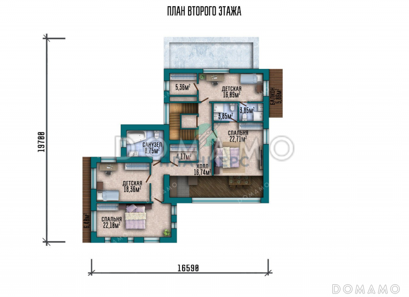 Проект большого трехэтажного дома с террасой и гаражом / План 2 этажа