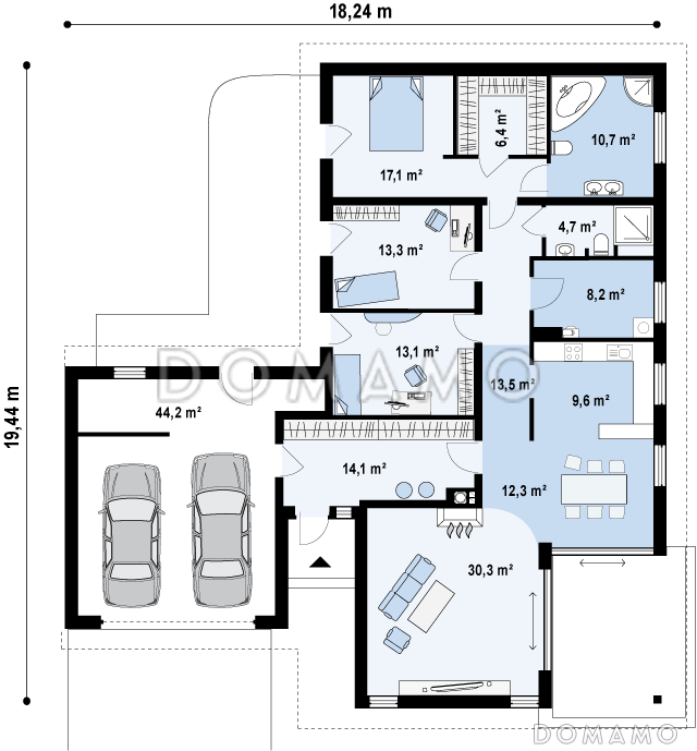 Проект просторного одноэтажного дома из газобетона с тремя спальнями, большой гардеробной и гаражом на два автомобиля / План 1 этажа