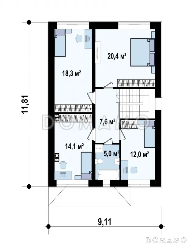 Проект современного двухэтажного дома из газобетона с четырьмя спальнями и кабинетом, без гаража / План 2 этажа