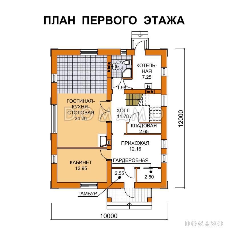Проект компактного коттеджа из СИП панелей с пятью спальнями / План 1 этажа Проект компактного коттеджа из СИП панелей с пятью спальнями / План 1 этажа