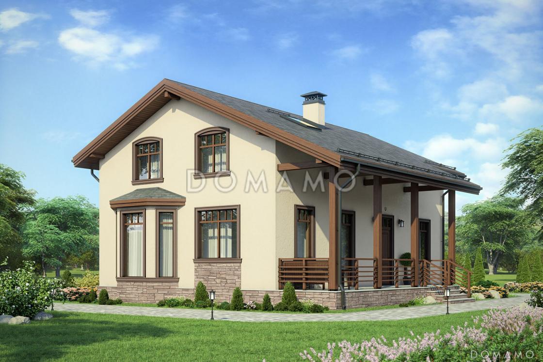 Проект дома с эркером в кухне, двумя спальнями на первом этаже, гостиной с камином, террасой / 1