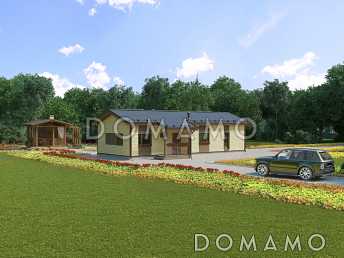 Проект одноэтажного каркасного дома с тремя спальнями, сауной и крытой террасой