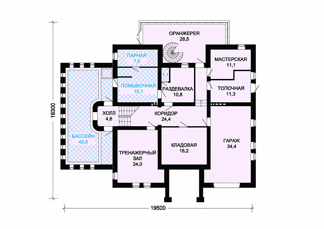 Проект кирпичного дома с воздушной оранжереей / План цокольного этажа