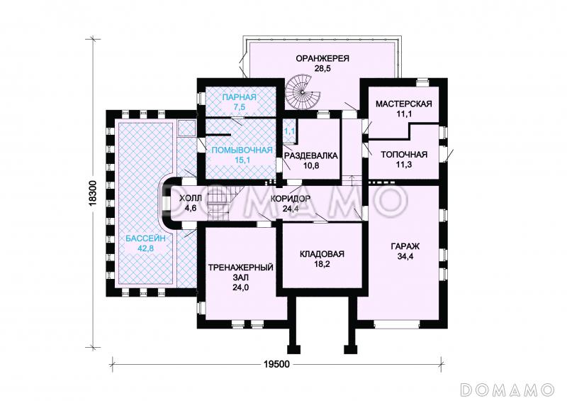 Проект кирпичного дома с воздушной оранжереей / План цокольного этажа
