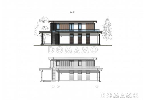 Проект дома с эксплуатируемой кровлей гаража, мастер-спальней, тремя детскими и гостевой / Фасад 3