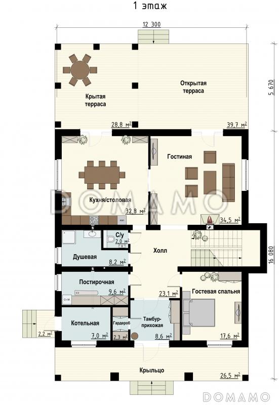 Проект загородного дома с террасами, кабинетом винтовой лестницей на мансарду, большой хозяйской спальней / План 1 этажа Проект загородного дома с террасами, кабинетом винтовой лестницей на мансарду, большой хозяйской спальней / План 1 этажа