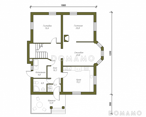 Проект дома из пенобетона без гаража / План 1 этажа
