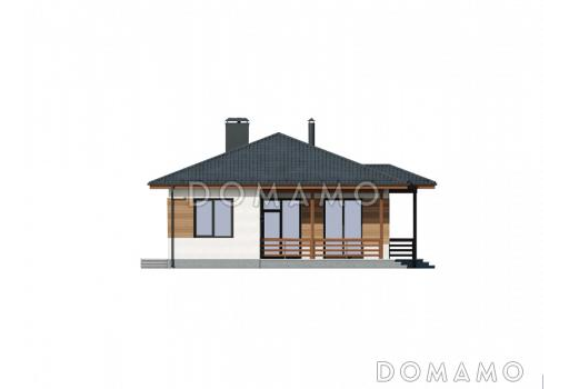 Проект одноэтажного компактного дома из кирпича с двумя спальнями, просторной дневной зоной и крытой террасой / Фасад 2