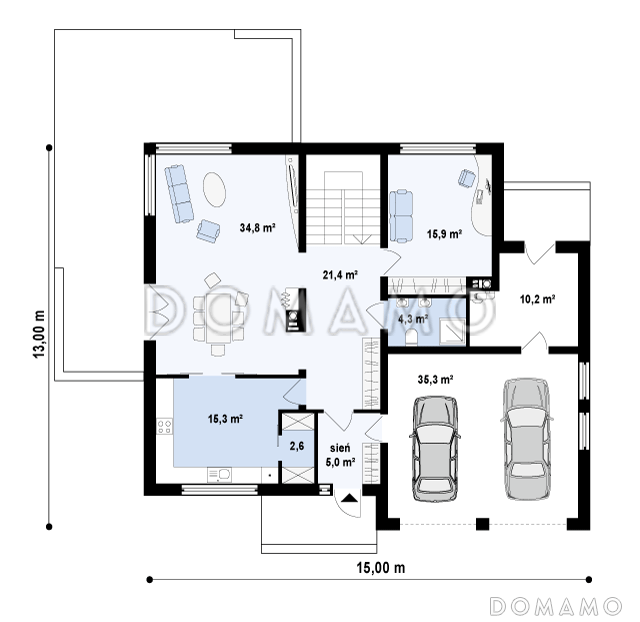 Проект просторного современного двухэтажного дома из кирпича, с пятью комнатами, гаражом и застеклённой террасой над ним / План 1 этажа