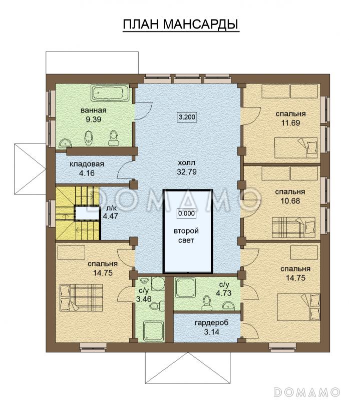 Проект одноэтажного дома с мансардой, с зоной СПА на цокольном этаже / План мансардного этажа