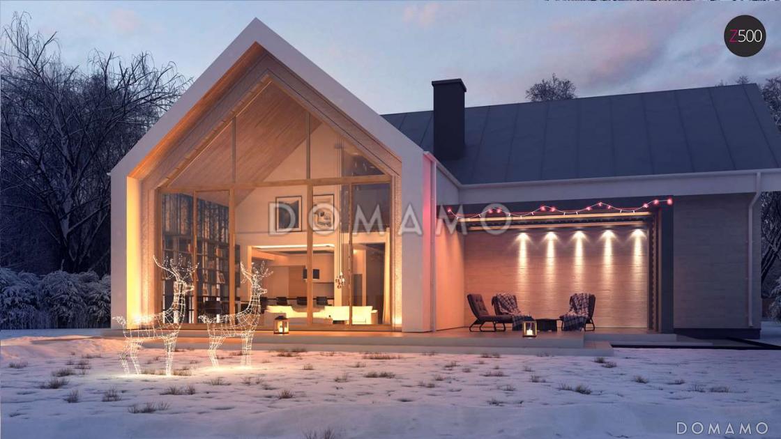Проект современного одноэтажного мансардного дома из кирпича с панорамным остеклением, вторым светом и с гаражом / 4