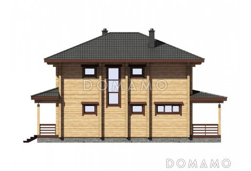 Проект двухэтажного дома из бруса с пятью комнатами, эркером и крытой террасой / Фасад 4