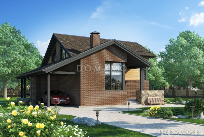 Проект дома с крытой террасой, навесом для автомобиля, вторым светом в гостиной Проект дома с крытой террасой, навесом для автомобиля, вторым светом в гостиной