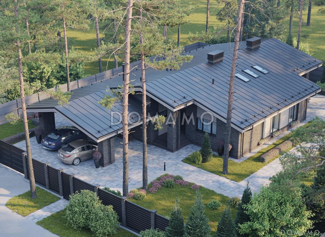 Проект каркасного дома с террасой барбекю и навесом для двух машин / 2