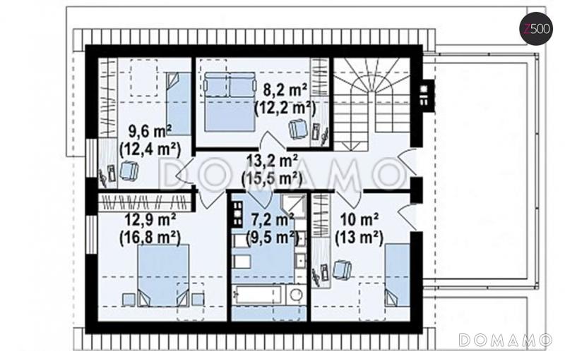 Проект одноэтажного мансардного дома из газобетона в современном стиле, с гаражом и террасой над ним / План мансардного этажа