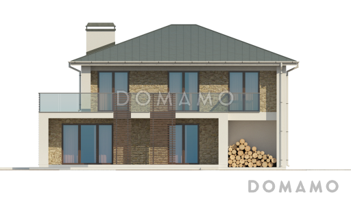 Проект современного двухэтажного дома из газобетона с дополнительной спальней на первом этаже, гаражом и открытой террасой на втором этаже / Фасад 3