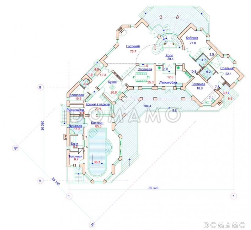 Проект коттеджа с угловой планировкой и бассейном / План 1 этажа