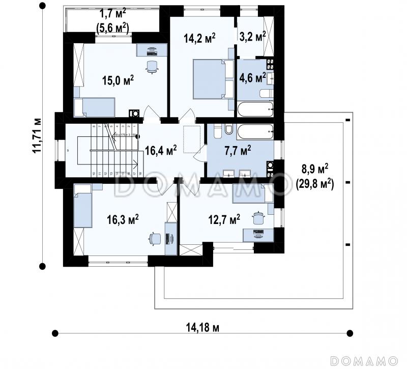 Проект двухэтажного дома с гаражом на два автомобиля с проходом в кухню через  кладовую, мастер-спальней на втором этаже, балконом / План 2 этажа