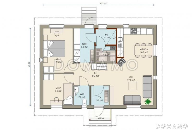 Проект одноэтажного каркасного дома с двумя спальнями / План 1 этажа