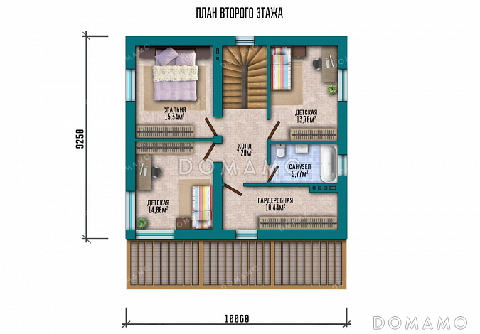 Проект двухэтажного дома с большой гостиной и террасой / План 2 этажа