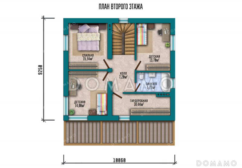 Проект двухэтажного дома с большой гостиной и террасой / План 2 этажа
