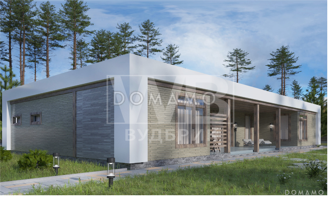 Проект одноэтажного современного дома с панорамными окнами, тремя спальнями и большой крытой террасой / 4