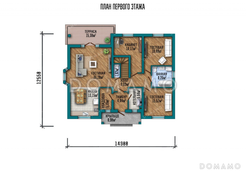 Проект одноэтажного дома с мансардой и террасой / План 1 этажа