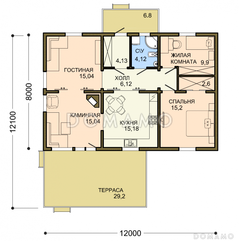 Проект одноэтажного усадебного дома с каминным залом и двумя спальнями / План 1 этажа