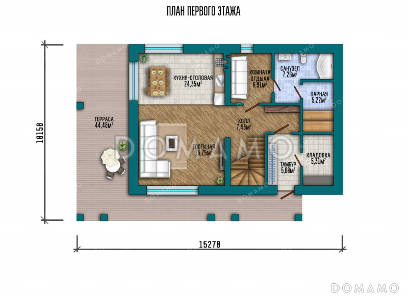 Проект двухэтажного дома с просторной гостиной и террасой / План 1 этажа