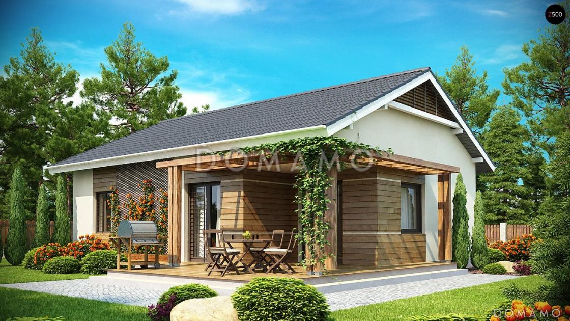 Проект компактного одноэтажного дома из кирпича с двумя спальнями и частично крытой угловой террасой, с возможностью обустроить мансарду / 1