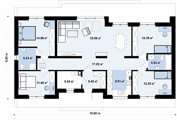Проект дома в стиле барнхаус с террасой и панорамными окнами / План 1 этажа Проект дома в стиле барнхаус с террасой и панорамными окнами / План 1 этажа