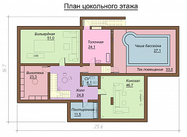 Проект большого двухэтажного коттеджа с зоной отдыха и бассейном на цокольном этаже / План цокольного этажа