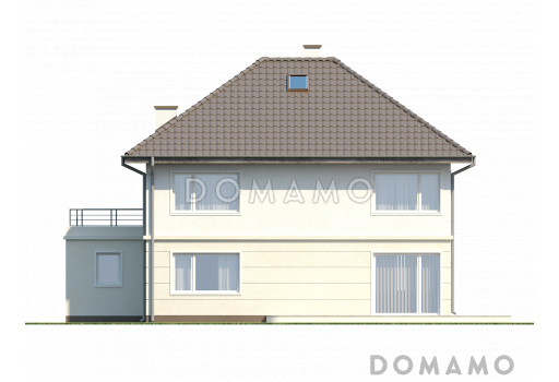 Проект современного просторного двухэтажного дома из кирпича с гаражом и террасой над ним / Фасад 3