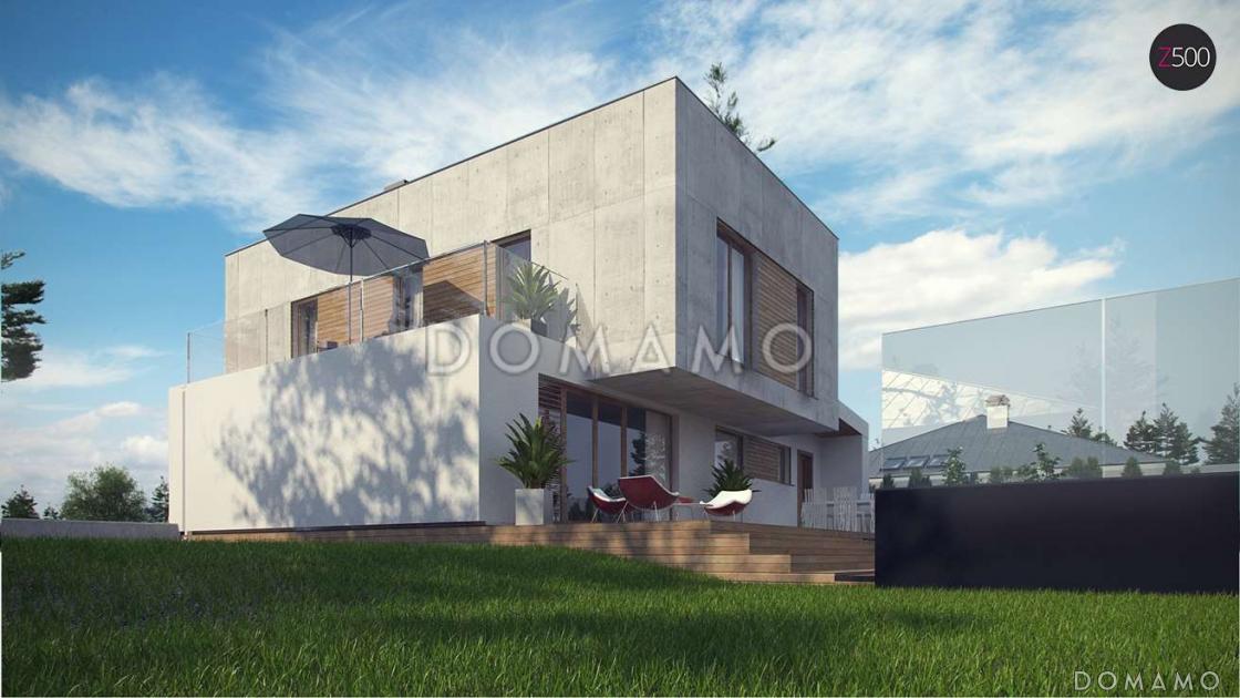 Проект современного двухэтажного дома из кирпича сложной формы с четырьмя спальнями и гаражом / 1
