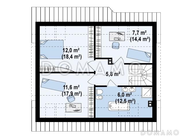 Проект одноэтажного мансардного дома из газобетона с кабинетом, тремя спальнями и эркером в гостиной / План мансардного этажа