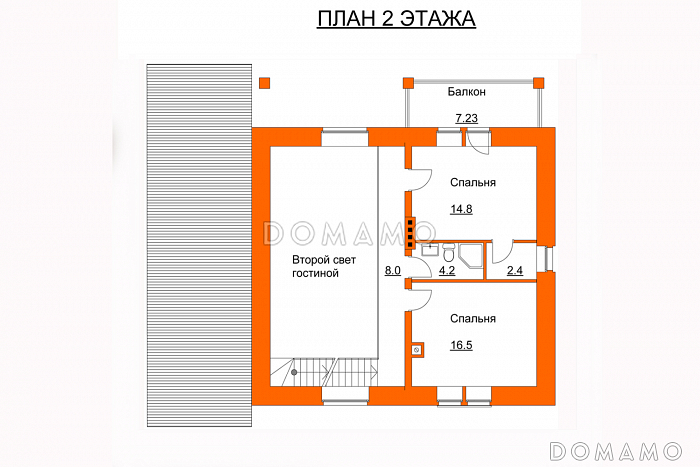 Проект дома с крытой террасой, спальней на первом этаже, балконом, вторым светом / План мансардного этажа Проект дома с крытой террасой, спальней на первом этаже, балконом, вторым светом / План мансардного этажа