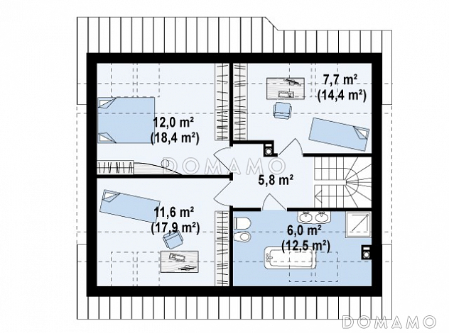 Проект одноэтажного мансардного дома из газобетона с кабинетом, тремя спальнями и эркером в гостиной / План мансардного этажа
