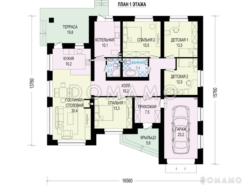 Проект одноэтажного дома с гаражом на один автомобиль, террасой, детскими комнатами, просторной гостиной / План 1 этажа