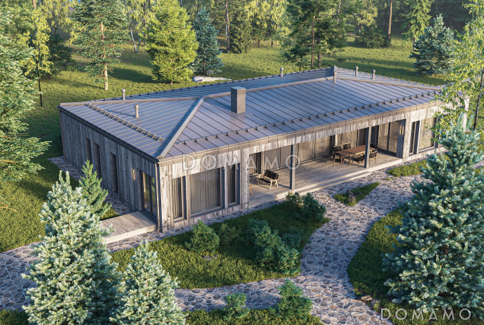 Проект одноэтажного дома из газобетона в стиле барнхаус с деревянной облицовкой и панорамными окнами