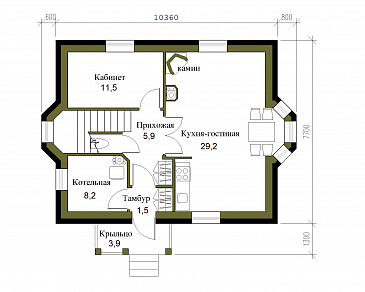 Проект лаконичного полутораэтажного коттеджа из кирпича / План 1 этажа Проект лаконичного полутораэтажного коттеджа из кирпича / План 1 этажа