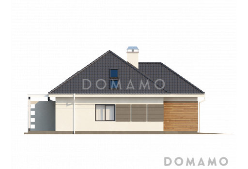 Проект одноэтажного мансардного дома из газобетона с гостевой спальней и кабинетом на первом этаже и встроенным гаражом / Фасад 2