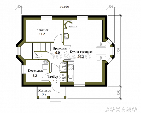 Проект лаконичного полутораэтажного коттеджа из кирпича / План 1 этажа Проект лаконичного полутораэтажного коттеджа из кирпича / План 1 этажа