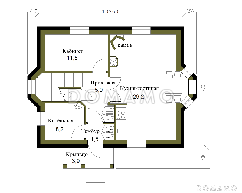 Проект лаконичного полутораэтажного коттеджа из кирпича / План 1 этажа