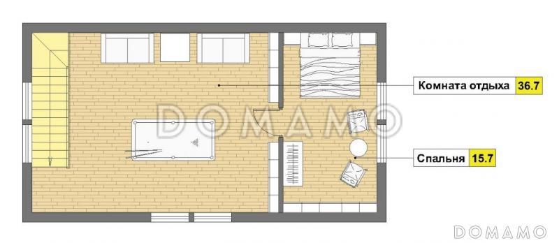 Проект бани из газобетонных блоков с угловой крытой террасой, сараем и мансардным этажом / План мансардного этажа