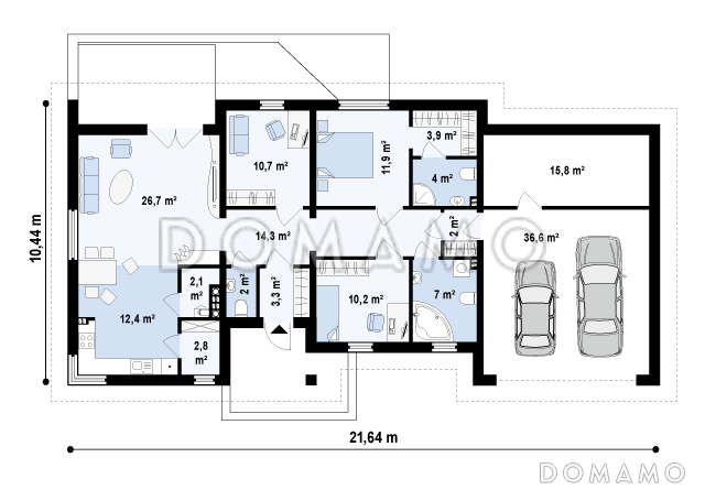 Проект одноэтажного дома из газобетона с большим встроенным гаражом на два автомобиля и мастерской  / План 1 этажа
